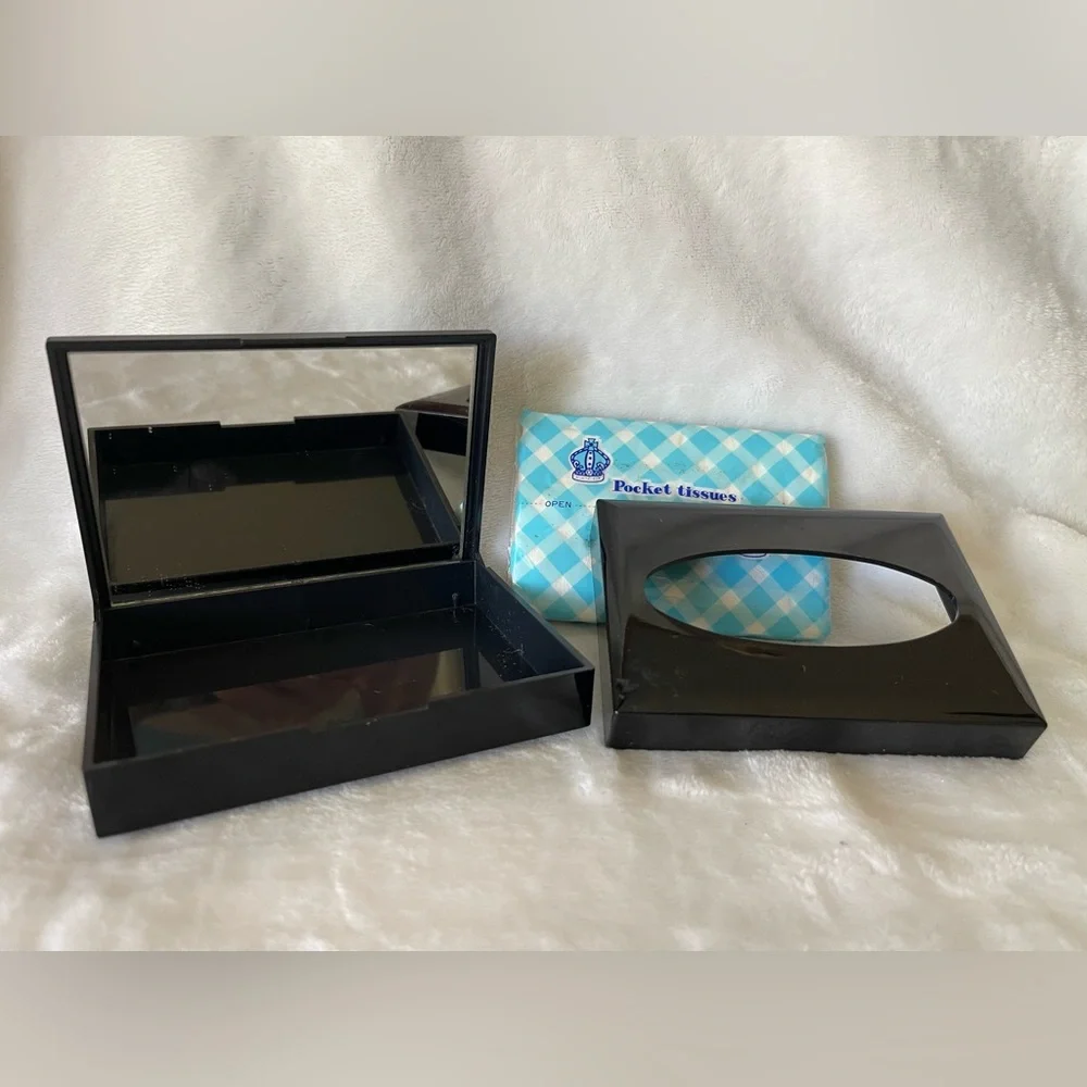 Vintage Black Lacquered Peacock Floral Mini Travel Tissue Box with Mirror